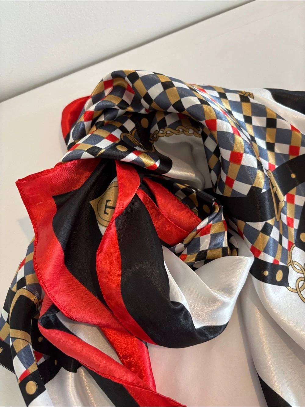 Vintage satin equestrian print neck scarf geometric & chain print red white blue - Picture 7 of 11